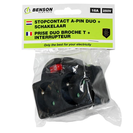 Benson Stopcontact Duo Type E - 2-voudig - Schakelaar - Zwart - Penaarde