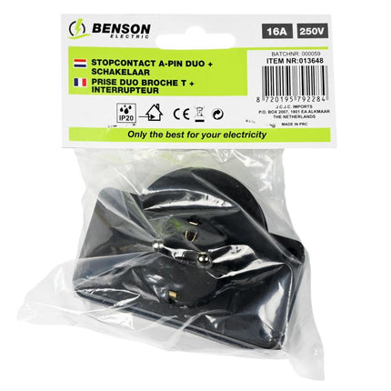Benson Stopcontact Duo Type E - 2-voudig - Schakelaar - Zwart - Penaarde