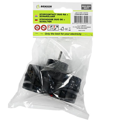 Benson Stopcontact Duo - 2-voudig - Randaarde - Schakelaar - Zwart