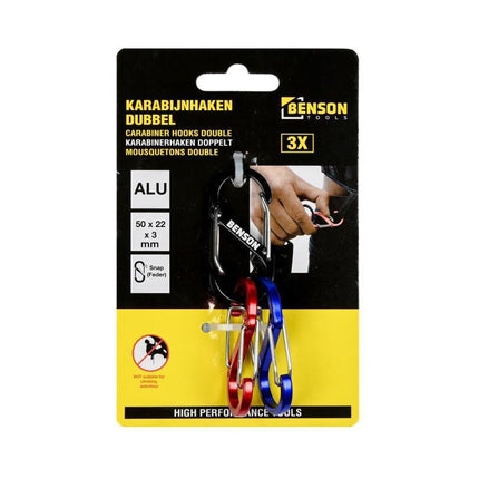 Benson Dubbele Karabijnhakenset – 50 x 22 mm – 3 stuks – Multicolor