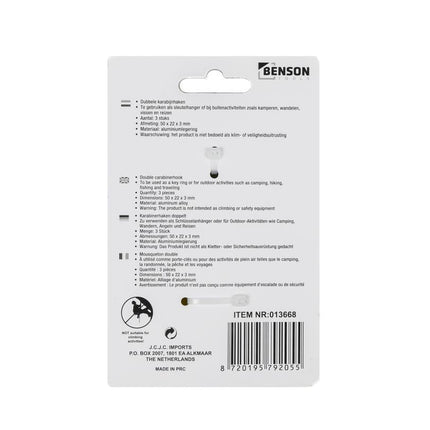 Benson Dubbele Karabijnhakenset – 50 x 22 mm – 3 stuks – Multicolor