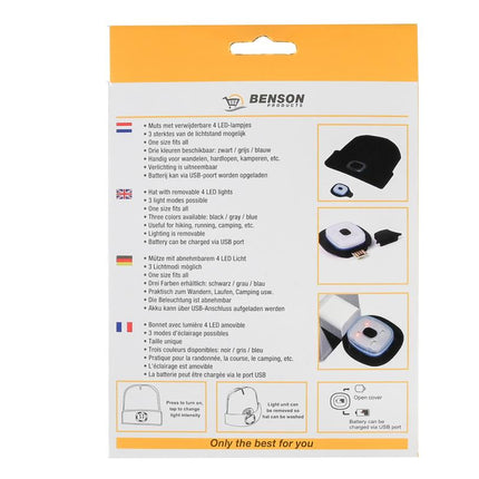 Benson LED Muts – USB Oplaadbaar – 4 Sterke SMD-LEDs – 3 Lichtstanden
