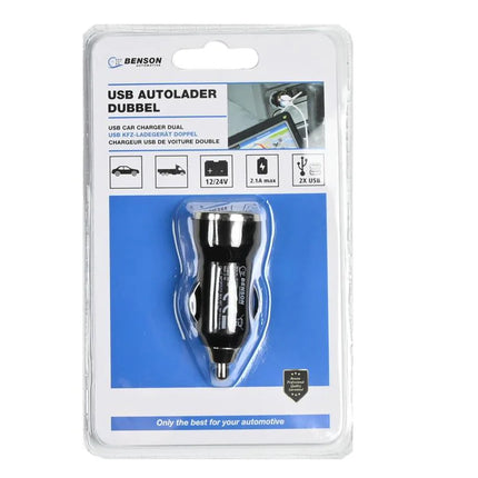 Benson Compacte Autolader – 2 USB-Poorten – 2.1A – 12/24V – Zwart