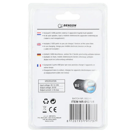 Benson Compacte Autolader – 2 USB-Poorten – 2.1A – 12/24V – Zwart