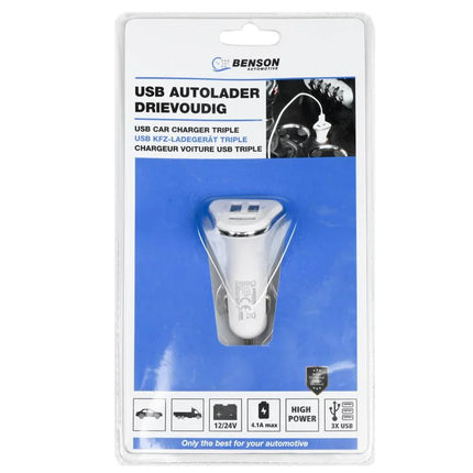 Benson Krachtige Autolader – 3 USB-Poorten – 4.1A – 12/24V – Wit