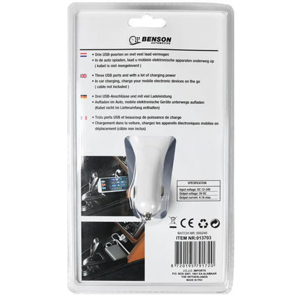 Benson Krachtige Autolader – 3 USB-Poorten – 4.1A – 12/24V – Wit