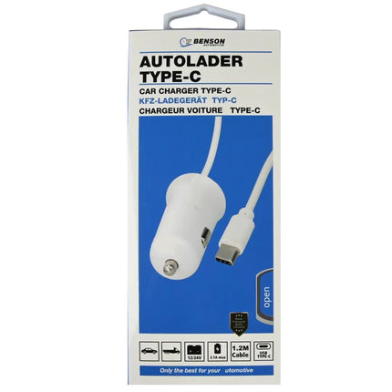 Benson Autolader met USB Type-C Kabel – 1.2 Meter – 2A – 12/24V – Wit