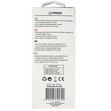 Benson Autolader met USB Type-C Kabel – 1.2 Meter – 2A – 12/24V – Wit