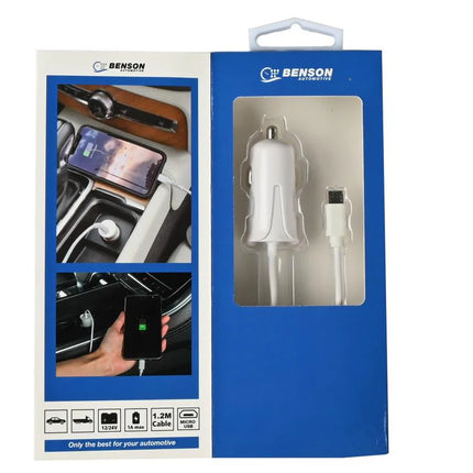 Benson Autolader met Micro USB-kabel – 1.2 Meter – 1A – 12/24V – Wit