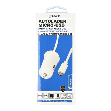 Benson Autolader met Micro USB-kabel – 1.2 Meter – 1A – 12/24V – Wit