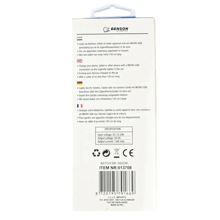 Benson Autolader met Micro USB-kabel – 1.2 Meter – 1A – 12/24V – Wit
