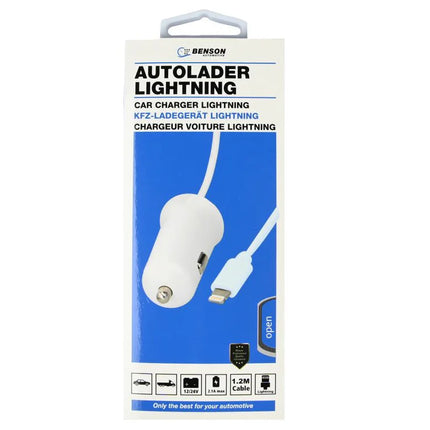 Benson Autolader met Lightning-kabel – 1.2 Meter – 2.1A – 12/24V – Wit
