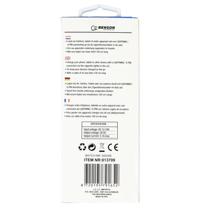 Benson Autolader met Lightning-kabel – 1.2 Meter – 2.1A – 12/24V – Wit