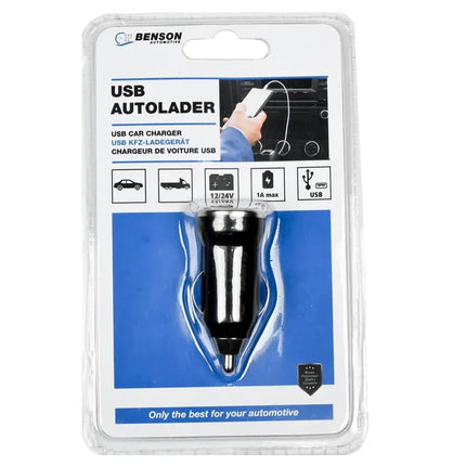 Benson Compacte Autolader – USB 1A – 12/24V – Universeel – Zwart
