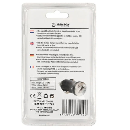 Benson Compacte Autolader – USB 1A – 12/24V – Universeel – Zwart