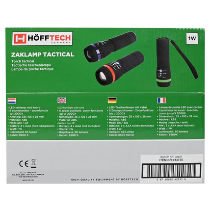 Hofftech Tactical LED Zaklamp – 1W – 2000x Zoomfunctie – 50 Lumen – Compact & Robuust