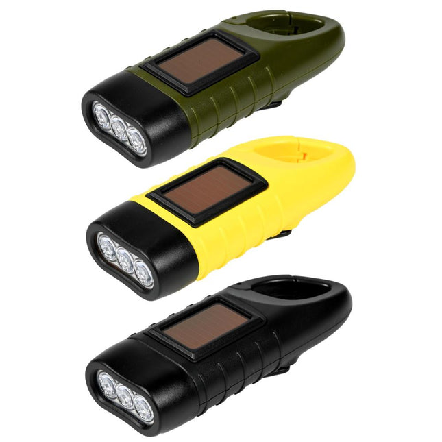 Hofftech Solar & Dynamo Zaklamp – 3 LED – Inclusief Karabijnhaak – Nooit Zonder Licht