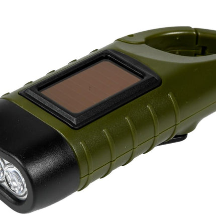 Hofftech Solar & Dynamo Zaklamp – 3 LED – Inclusief Karabijnhaak – Nooit Zonder Licht