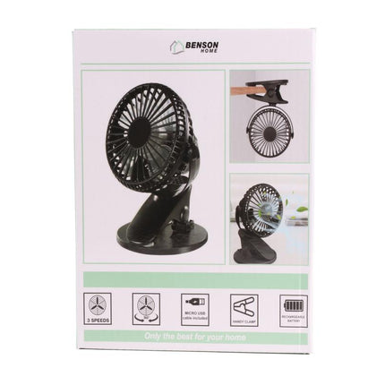 Benson Draagbare Ventilator met Clip - Oplaadbaar - Zwart - 3 Snelheden