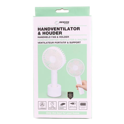 Benson Oplaadbare Handventilator - 3 Snelheden - Inclusief Bureauhouder - Wit
