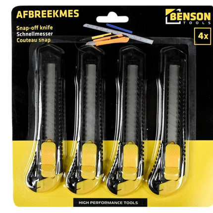 Benson Afbreekmessen Set - 18 mm - 4 Stuks - Zwart/Geel