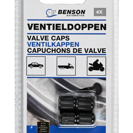 Benson Luxe Ventieldoppen – 4-delig – Hoogwaardig Aluminium – Zwart – Universeel