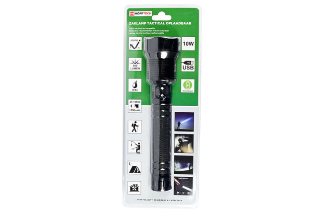 Hofftech Tactical 10W Zaklamp – 800 Lumen – Oplaadbaar – Robuust Aluminium