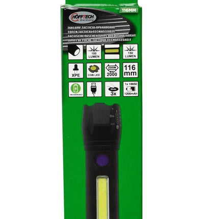Hofftech Tactical 2-in-1 LED & COB Zaklamp – 116 mm – Oplaadbaar – Ultra Compact