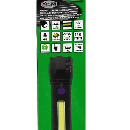 Hofftech Tactical 2-in-1 LED & COB Zaklamp – 116 mm – Oplaadbaar – Ultra Compact