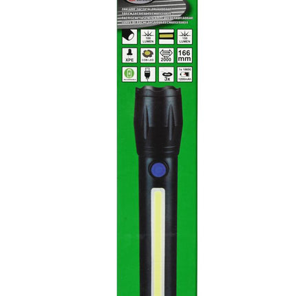 Hofftech Tactical 2-in-1 LED & COB Zaklamp – 166 mm – Oplaadbaar – 1500m Bereik