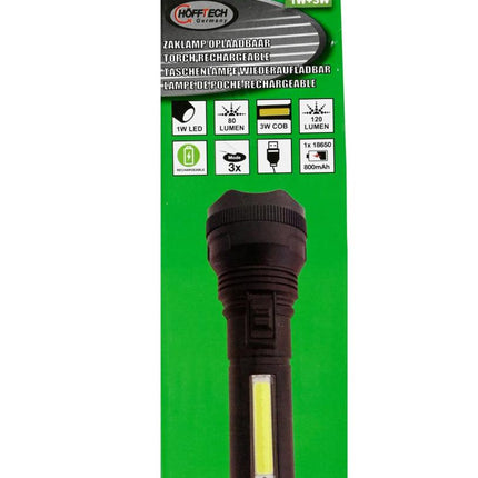 Hofftech 2-in-1 LED & COB Zaklamp – 1W + 3W – Oplaadbaar – Zwart