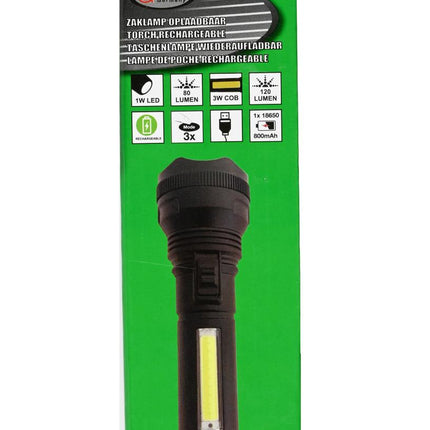 Hofftech 2-in-1 LED & COB Zaklamp – 1W + 3W – Oplaadbaar – Zwart