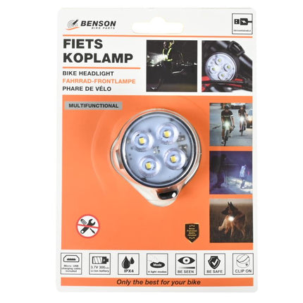 Benson USB Oplaadbare Fietskoplamp - COB LED - Wit Licht - Lichtgewicht - Incl. Clip