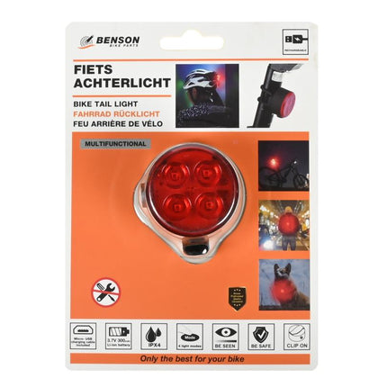 Benson USB Oplaadbaar Achterlicht - COB LED - Rood Licht - Lichtgewicht - Incl. Clip