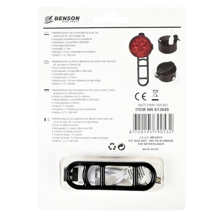 Benson USB Oplaadbaar Achterlicht - COB LED - Rood Licht - Lichtgewicht - Incl. Clip