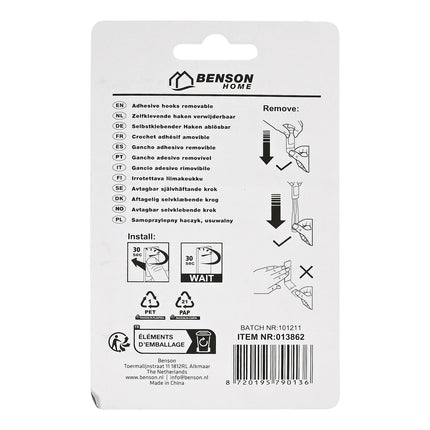 Benson Verwijderbare Handdoekhaken - Zelfklevend - Zwart - 3-delig - 5 x 2 cm