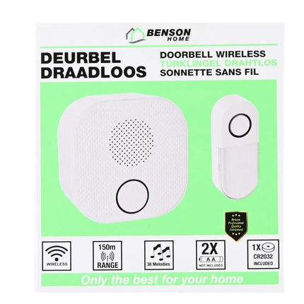 Benson Draadloze Deurbel - 38 Melodieën - 150 Meter Bereik - Wit