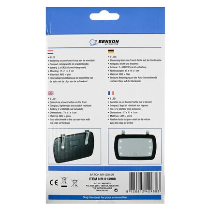 Benson Auto Make-up Spiegel – 6 LED’s – Touch-bediening – Voor Zonneklep