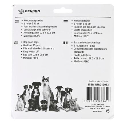 Benson Kleurrijke Hondenpoepzakjes - 8 Rollen - 120 Stuks - Sterk