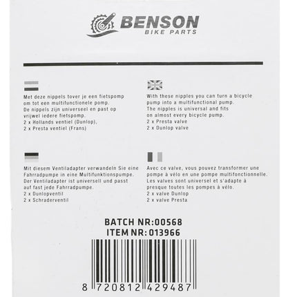 Benson Fiets Nippelset - Ventieladapters - Messing - 4-Delig - Universeel