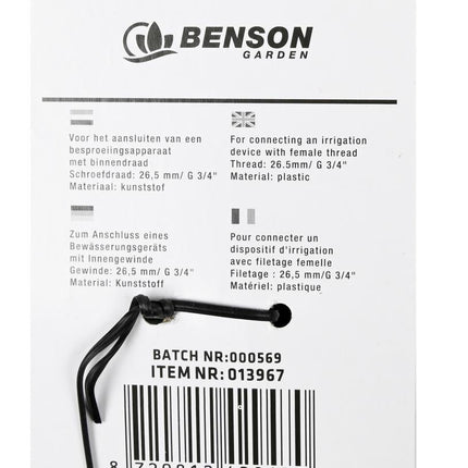 Benson Insteeknippel Buitendraad 3/4" - 26,5 mm - Kunststof - Betrouwbaar