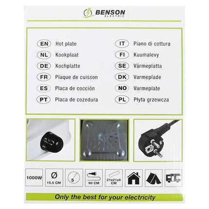 Benson Enkele Elektrische Kookplaat - 1000W - 5 Standen - Wit - 21 x 21 cm