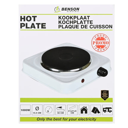 Benson Enkele Elektrische Kookplaat - 1000W - 5 Standen - Wit - 21 x 21 cm