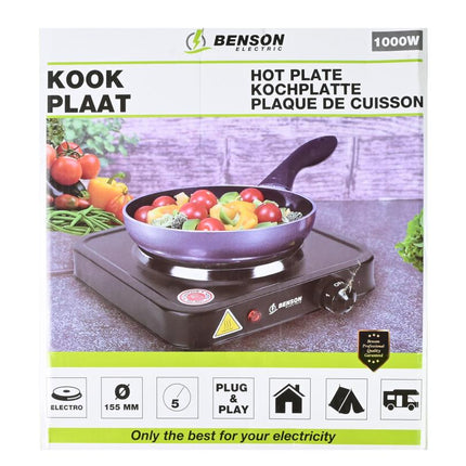 Benson Enkele Elektrische Kookplaat - 1000W - 5 Standen - Compact - Zwart