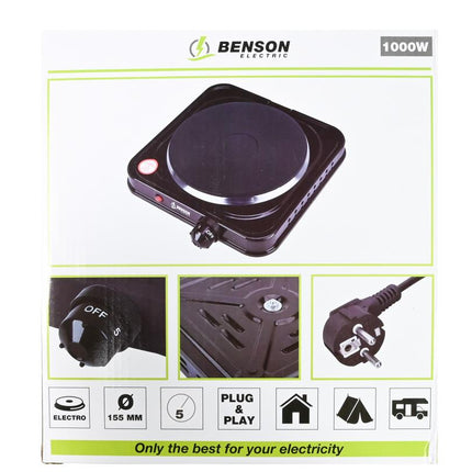 Benson Enkele Elektrische Kookplaat - 1000W - 5 Standen - Compact - Zwart