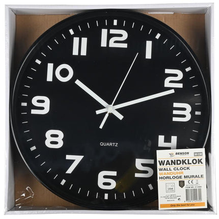 Benson Moderne Wandklok - Ø 30 cm - Zwart met Witte Wijzers