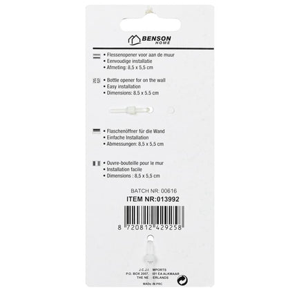 Benson Flesopener voor aan de Muur - 8,5 x 5,5 cm - Zilver - Wandmontage