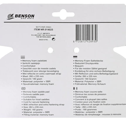 Benson Comfort Zadeldek - Memory Foam & Gel - Reflectie - 260 x 235 mm