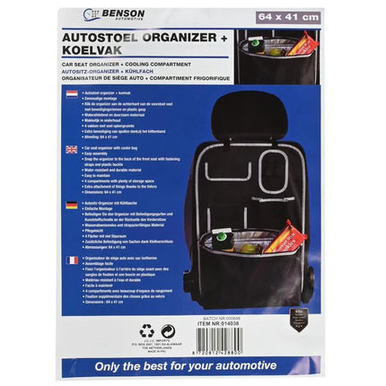 Benson Autostoel Organizer met Koelvak – 64 x 41 cm – Oxford 600D – Waterafstotend