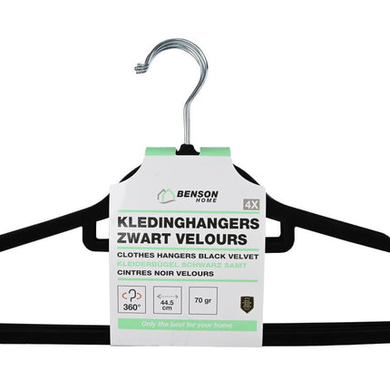 Benson Velours Kledinghangers - Anti-slip - Zwart - 4 stuks